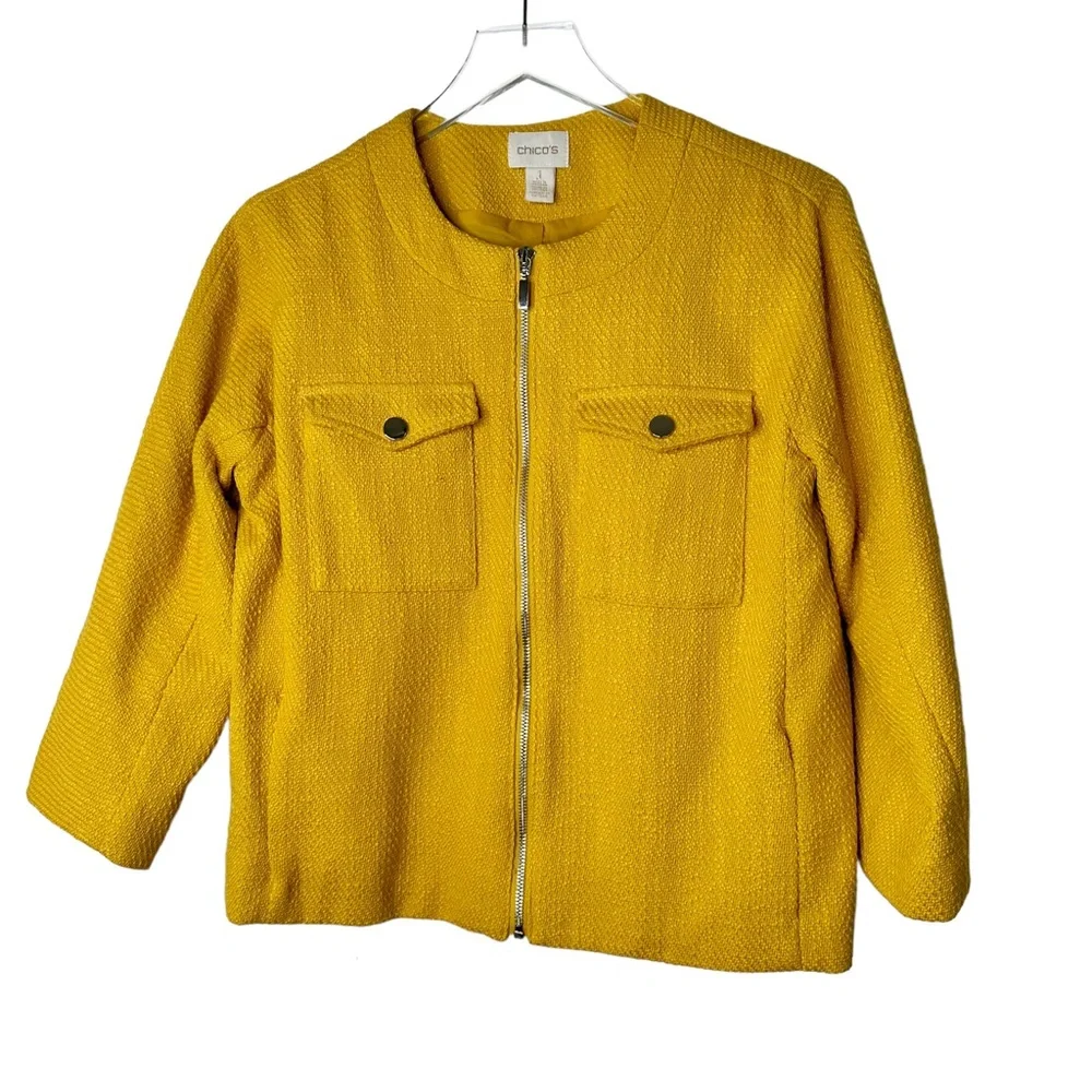 NWT Chicos Textured LS Jacket Glistening Yellow Medium/8 - Picture 4 of 13